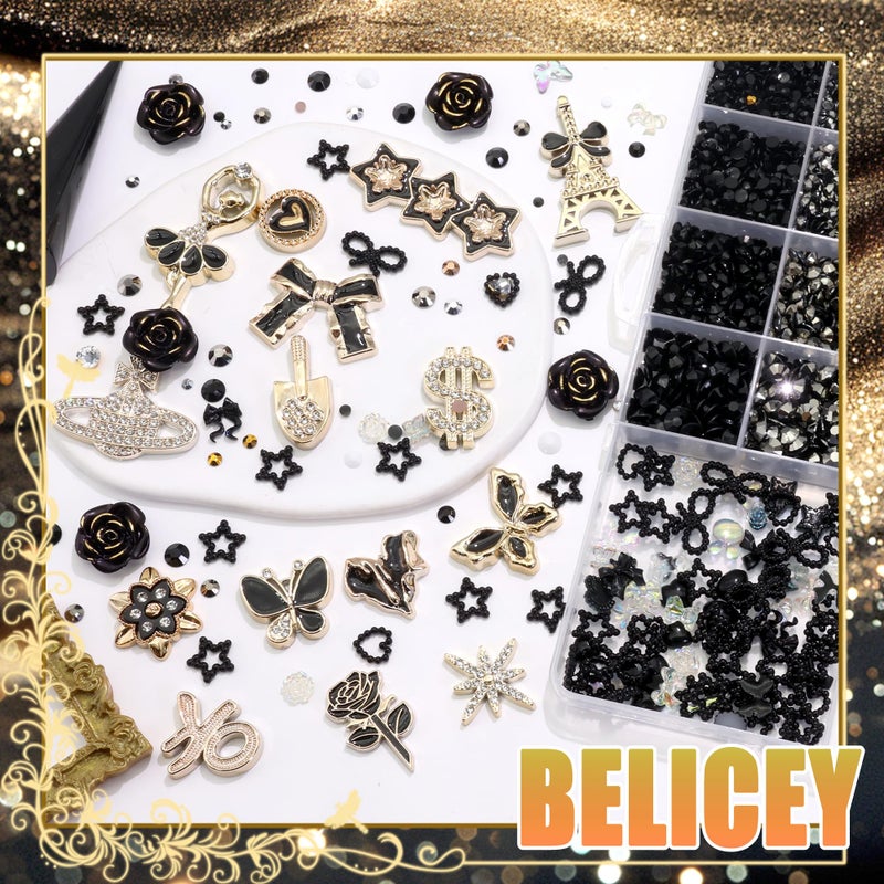 BELICEY Black Junk Case Charms Kit Elegant Gold Butterfly Planet Big Charms for Phone Case 3D Bow Star Junk Case Kit Rhinestone Pearls Bedazzling Kit for Customizing DIY Craft - Image 5