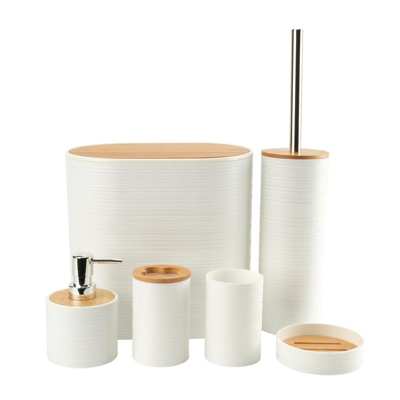 6 Piece Oval Bathroom Set, Includes Wooden Lid Basket, Base Toilet Brush, Toothbrush Holder, Soap Dish, Shower Dispenser, Stylish and Modern Design (White) - Image 1