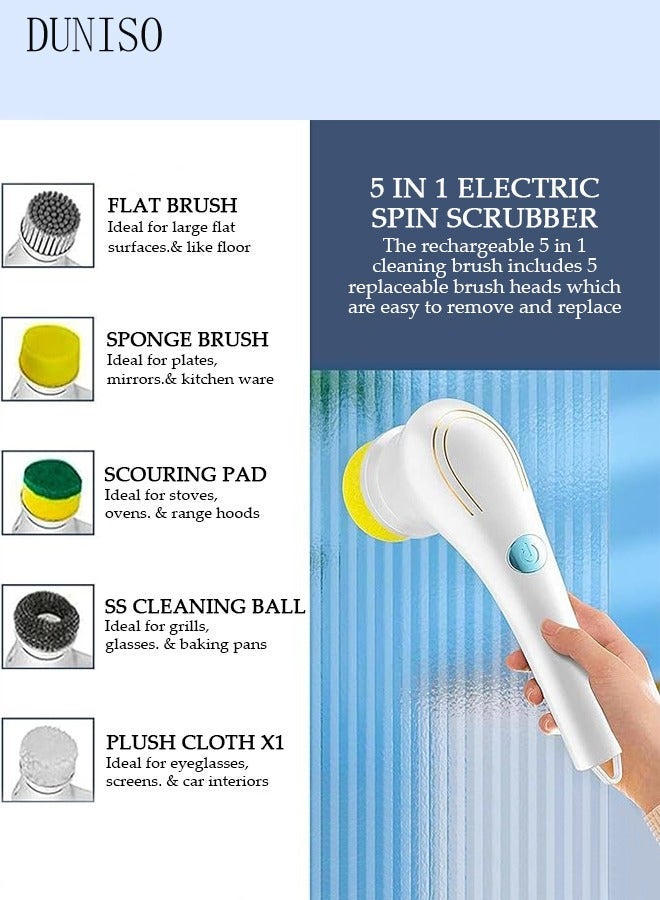 DUNISO Electric Spin Scrubber, 5 in 1 Electric Bathroom Scrubber with 2 Adjustable Speed & 5 Replaceable Brush Heads, 360° Electric Scrubber for Bathroom Bathtub Kitchen Floor Sink - Image 2
