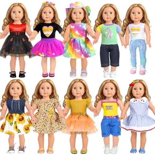 ARTST American 18 inch Doll Clothes Accessories 18PCS Doll Clothes Outfit Dress for 18 inch Valentines Gift for Girls10 Set - Image 1