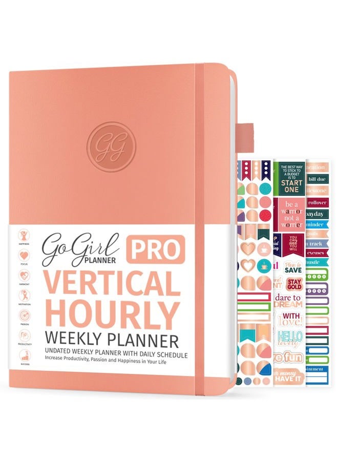 GoGirl Planner PRO Schedule - Undated Planner with Hourly Time Slots, Monthly, Weekly & Daily Organizer, Appointment Book for time Management, 18 x 25.5cm, Hardcover, Lasts 1 Year - Peach Pink - Image 1