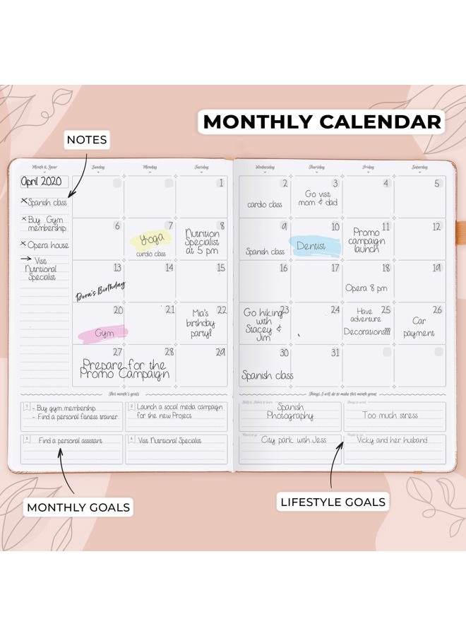 GoGirl Planner PRO Schedule - Undated Planner with Hourly Time Slots, Monthly, Weekly & Daily Organizer, Appointment Book for time Management, 18 x 25.5cm, Hardcover, Lasts 1 Year - Peach Pink - Image 4