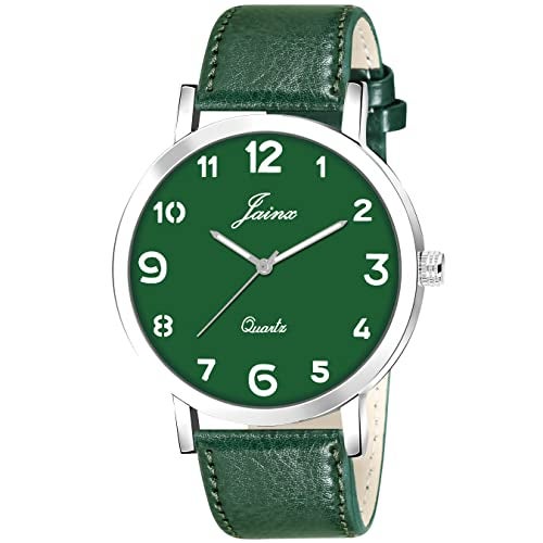 jainx Number Dial Green Leather Strap Analog Wrist Watch for Men - JM7142 - Image 1