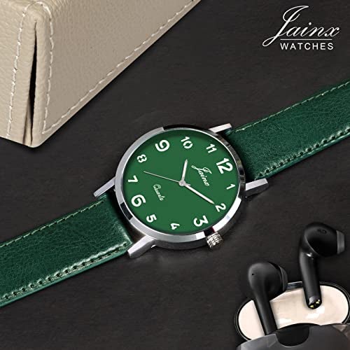 jainx Number Dial Green Leather Strap Analog Wrist Watch for Men - JM7142 - Image 2
