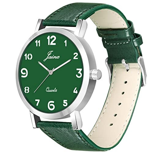 jainx Number Dial Green Leather Strap Analog Wrist Watch for Men - JM7142 - Image 3