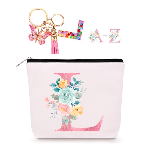 Lingdeer Personalized Makeup Bag with Initial Keychain, Custom Initial Monogram Small Travel Cosmetic Toiletry Bag, Birthday Gifts for Women Bridesmaid Teacher (L) - Image 1