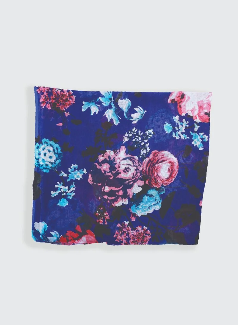 AMICA Dark Floral Hijab Soft Natural Fiber Long Head Scarf for Women-Blue