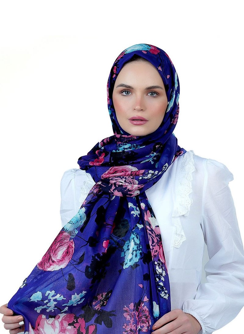 AMICA Dark Floral Hijab Soft Natural Fiber Long Head Scarf for Women-Blue - Image 1