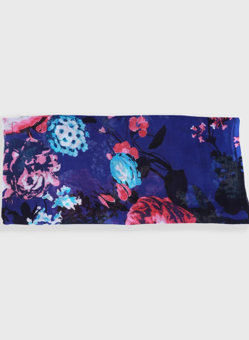 AMICA Dark Floral Hijab Soft Natural Fiber Long Head Scarf for Women-Blue