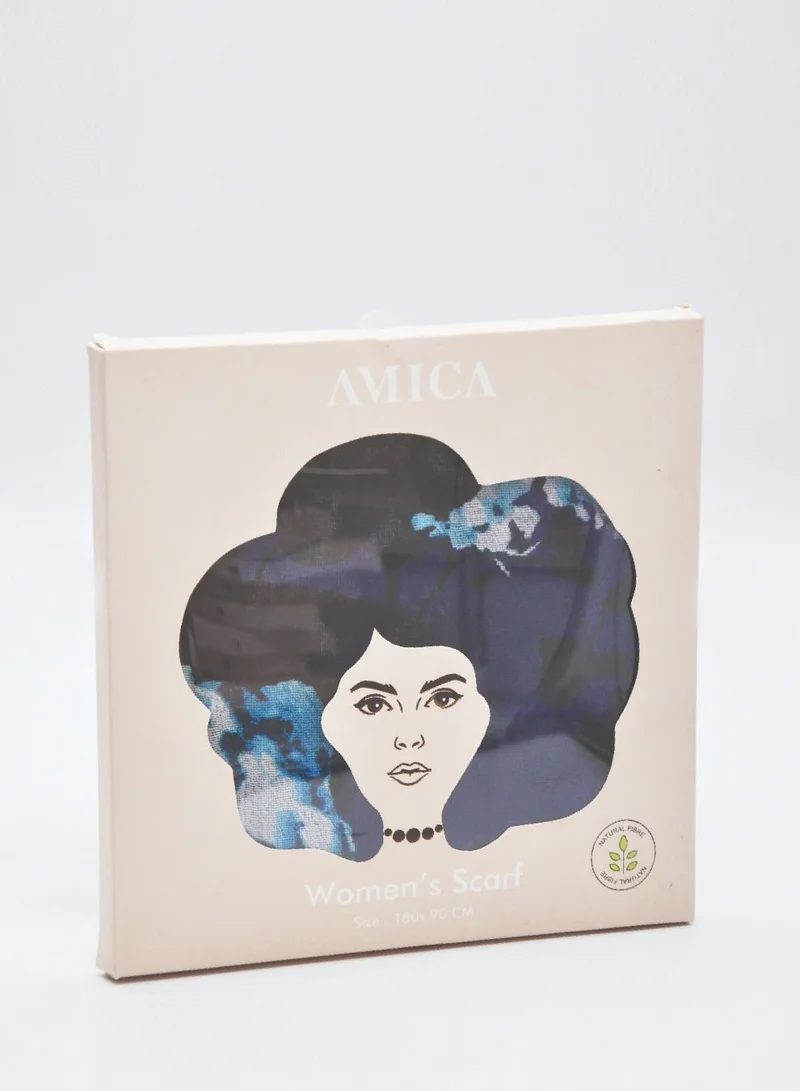 AMICA Dark Floral Hijab Soft Natural Fiber Long Head Scarf for Women-Blue