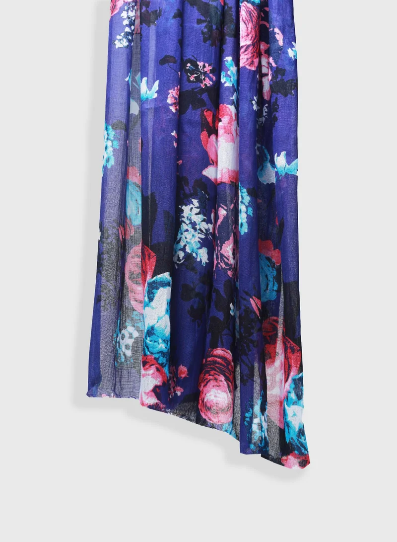 AMICA Dark Floral Hijab Soft Natural Fiber Long Head Scarf for Women-Blue