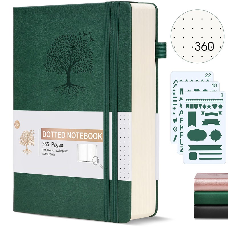 Ansopu Dotted Journal Notebook, 360 Numbered Pages Bullet Dot Grid Journal,100gsm Dot Paper Thick Hardcover Leather Journal for Writing Women Men, A5 Dotted Grid Notebooks for Work 5.75" x 8.38" Green - Image 1