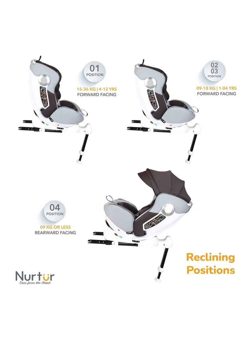 Nurtur Liberty Baby/Kids 4-in-1 Car Seat - 360° Rotation – Leg Support - ISOFIX – 10-level Adjustable Headrest with Canopy - 0 months to 12 years (Group 0+/1/2/3), Upto 36kg - Brown / White