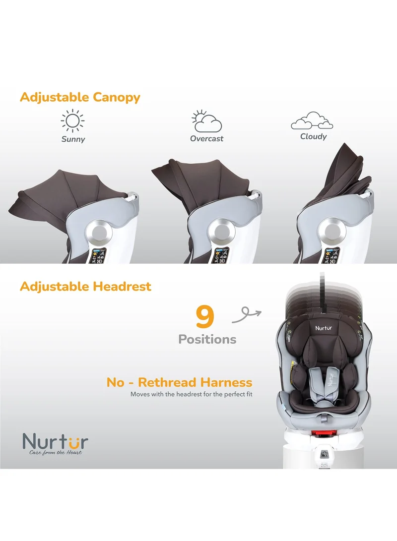 Nurtur Liberty Baby/Kids 4-in-1 Car Seat - 360° Rotation – Leg Support - ISOFIX – 10-level Adjustable Headrest with Canopy - 0 months to 12 years (Group 0+/1/2/3), Upto 36kg - Brown / White