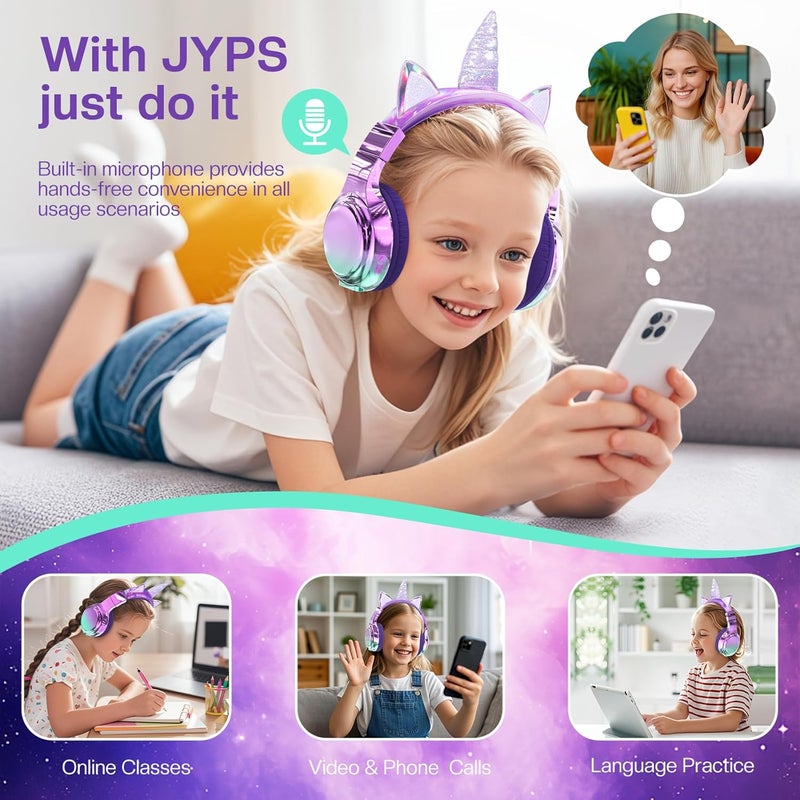 جي واي بي اس سماعات اللاسلكية للأطفال، مظهر معدني لطيف، بلوتوث 5.3، مستوى صوت آمن 75/85/94 ديسيبل، وقت تشغيل 60 ساعة، صوت ستيريو، سماعات فوق الأذن من نوع USB-C للأطفال لأجهزة iPad/Kindle/Tablet - Image 4