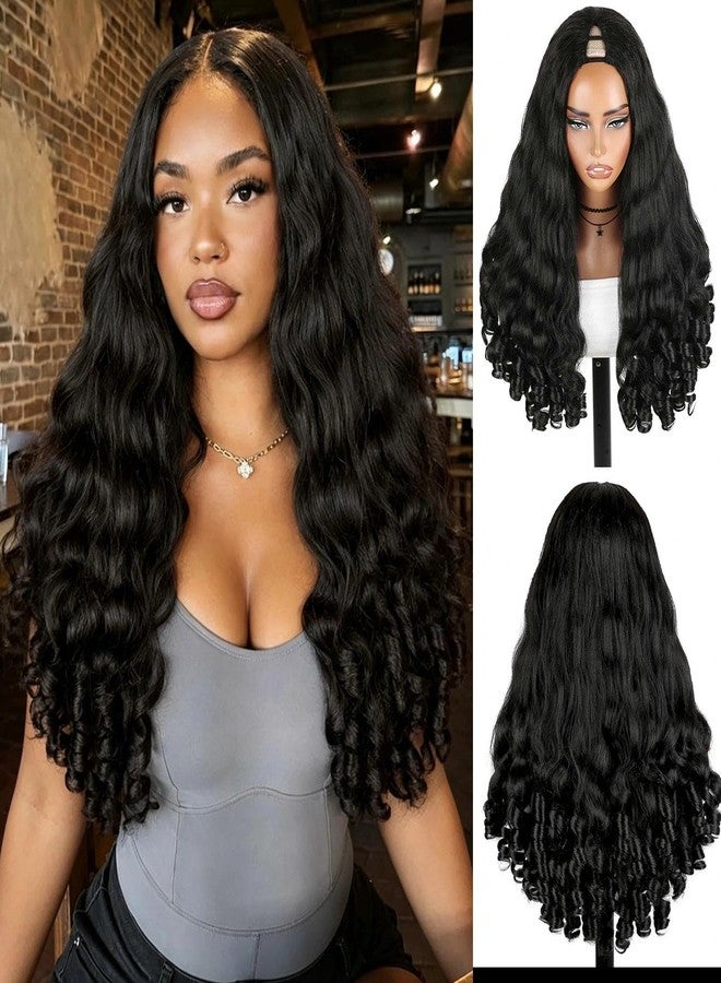 Quantum Love Yaki Curly V Part Wigs Natural Ocean Wave U Part Half Wig with Spiral Bouncy Curls End Glueless No Leave Out Clip in Synthetic Drawstring Wig Black Hair - Image 1