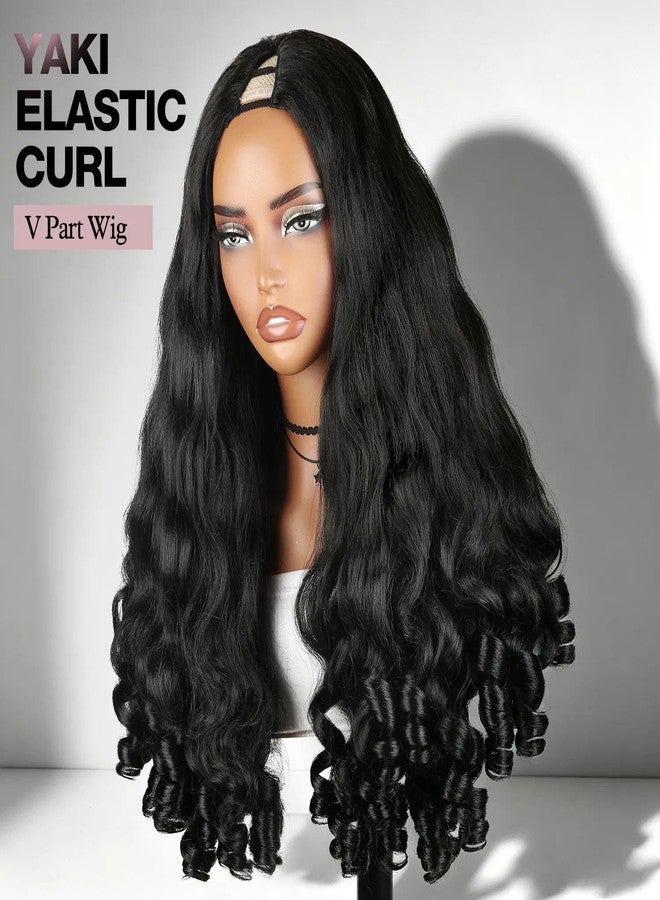 Quantum Love Yaki Curly V Part Wigs Natural Ocean Wave U Part Half Wig with Spiral Bouncy Curls End Glueless No Leave Out Clip in Synthetic Drawstring Wig Black Hair - Image 2