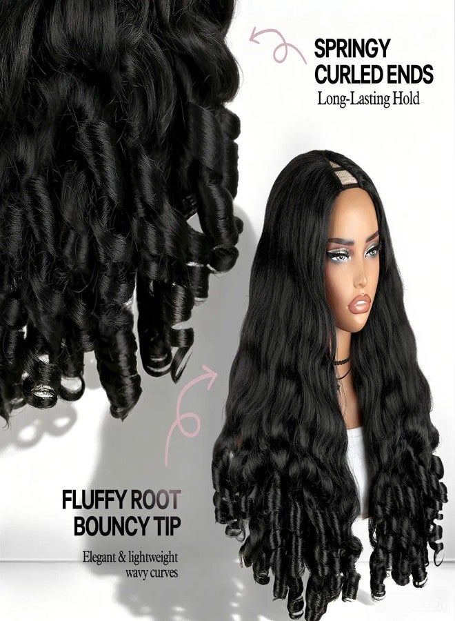 Quantum Love Yaki Curly V Part Wigs Natural Ocean Wave U Part Half Wig with Spiral Bouncy Curls End Glueless No Leave Out Clip in Synthetic Drawstring Wig Black Hair - Image 5