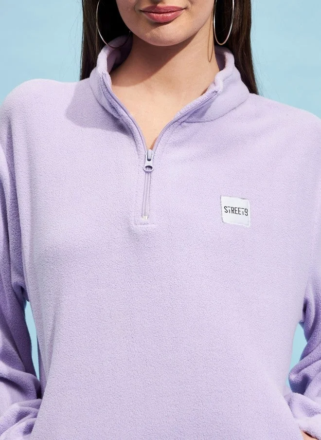 STREET 9 سويت شيرت نسائي فضفاض بياقة واقفة بلون اللافندر