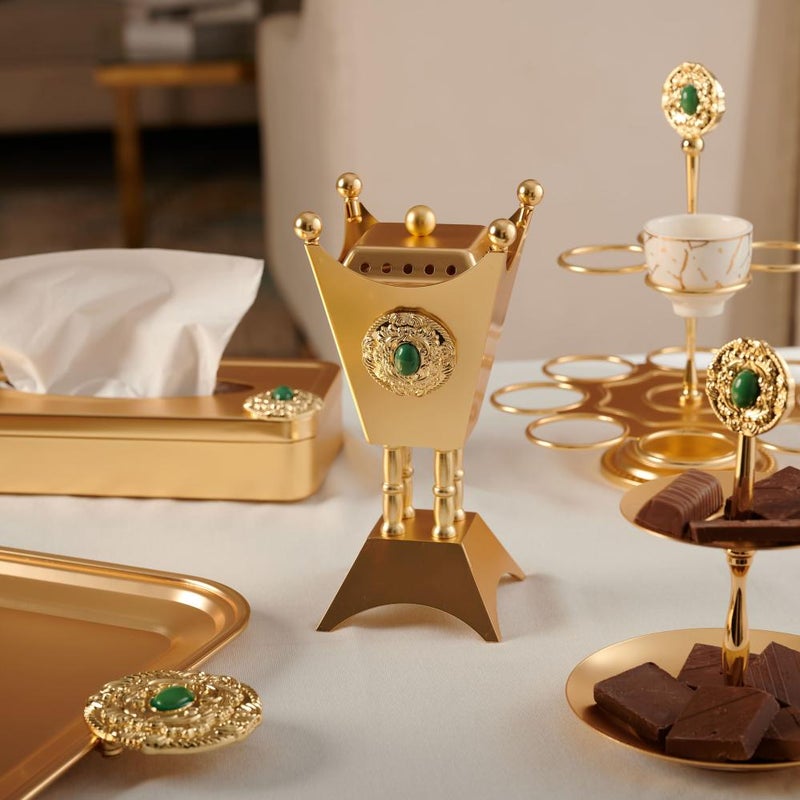 Soleter Queen Incense Burner Karwan Design Mabkhara Matte Gold with Green Accent Metal 22 cm for Arabic Bakhoor Home Decor Perfume Holder