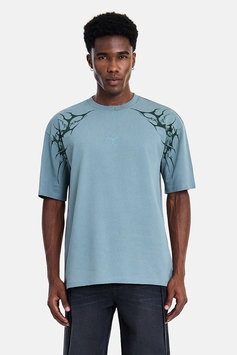 سنيتش Light Steel Blue Graphic Half Sleeve Oversized Streetwear T-Shirt