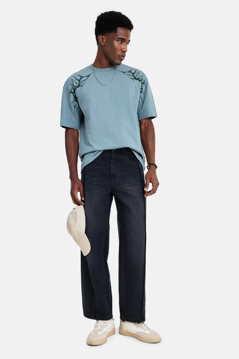 سنيتش Light Steel Blue Graphic Half Sleeve Oversized Streetwear T-Shirt