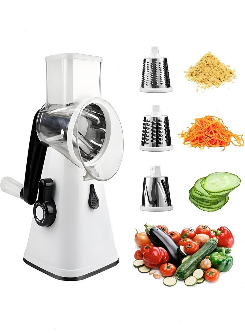 Yoawllty Vegetable Chopper, Cheese Grater, Vegetable Cutter, Potato Mandoline Slicer, Shredder, Peeling Salad Chopper with 3 Interchangeable Blades Manual Speed Round Food Slicer(White) - Image 1