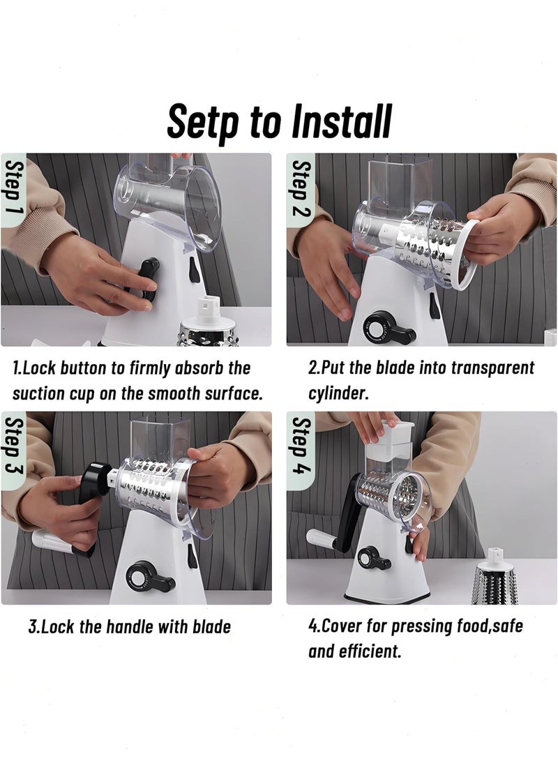 Yoawllty Vegetable Chopper, Cheese Grater, Vegetable Cutter, Potato Mandoline Slicer, Shredder, Peeling Salad Chopper with 3 Interchangeable Blades Manual Speed Round Food Slicer(White) - Image 2