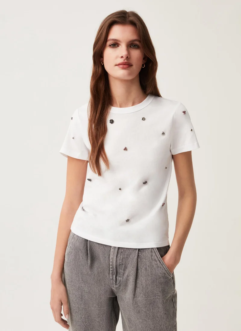 او في اس Ovs Cotton T-Shirt With Diamanté Motifs