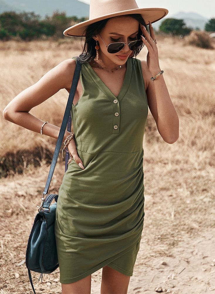 Loquat Spring And Summer Vest Solid Color Dress Shrink Waist Show Thin Green - Image 1