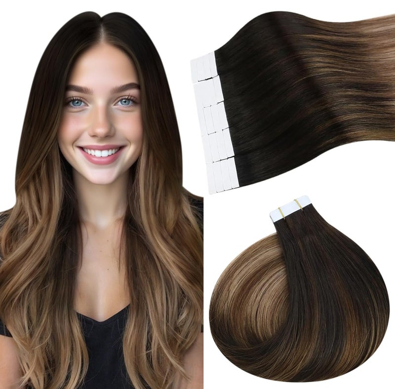 Ugeat Light Brown Tape in Extensions Human Hair Balayage Invisible Tape in Hair Extensions Human Hair Brown with Golden Blonde Ombre Add Volume for Girl 12 Inch 20Pcs 30G