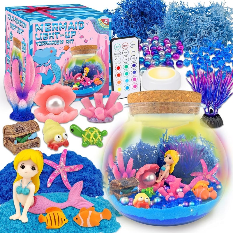 SCIENISH Unicorn Terrarium Crafts Kit for Kids-LED Night Light Up & Remote Birthday Gifts Toys for Girls Dinosaur Gifts Boys Christmas Gifts for Girls (Mermaid) - Image 1
