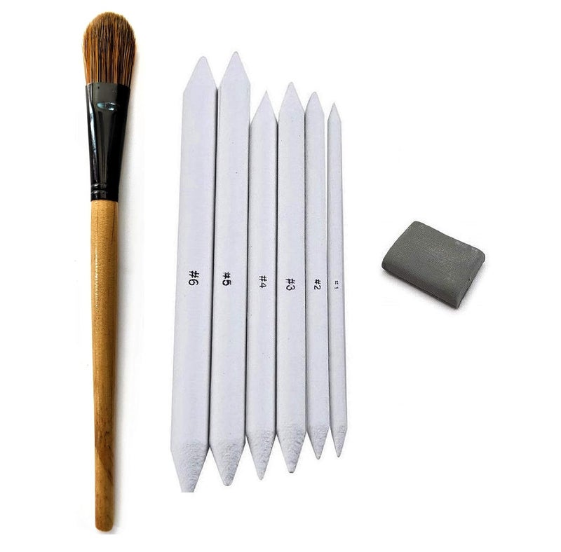 Definite فرشاة مزج الفن مع أسطوانة ورقية / خلاط فنون / تورتيون و ممحاة قابلة للعجن لأقلام الجرافيت والفحم (مجموعة من 6 أسطوانات، 1 ممحاة قابلة للعجن و فرشاة مزج) - Image 1