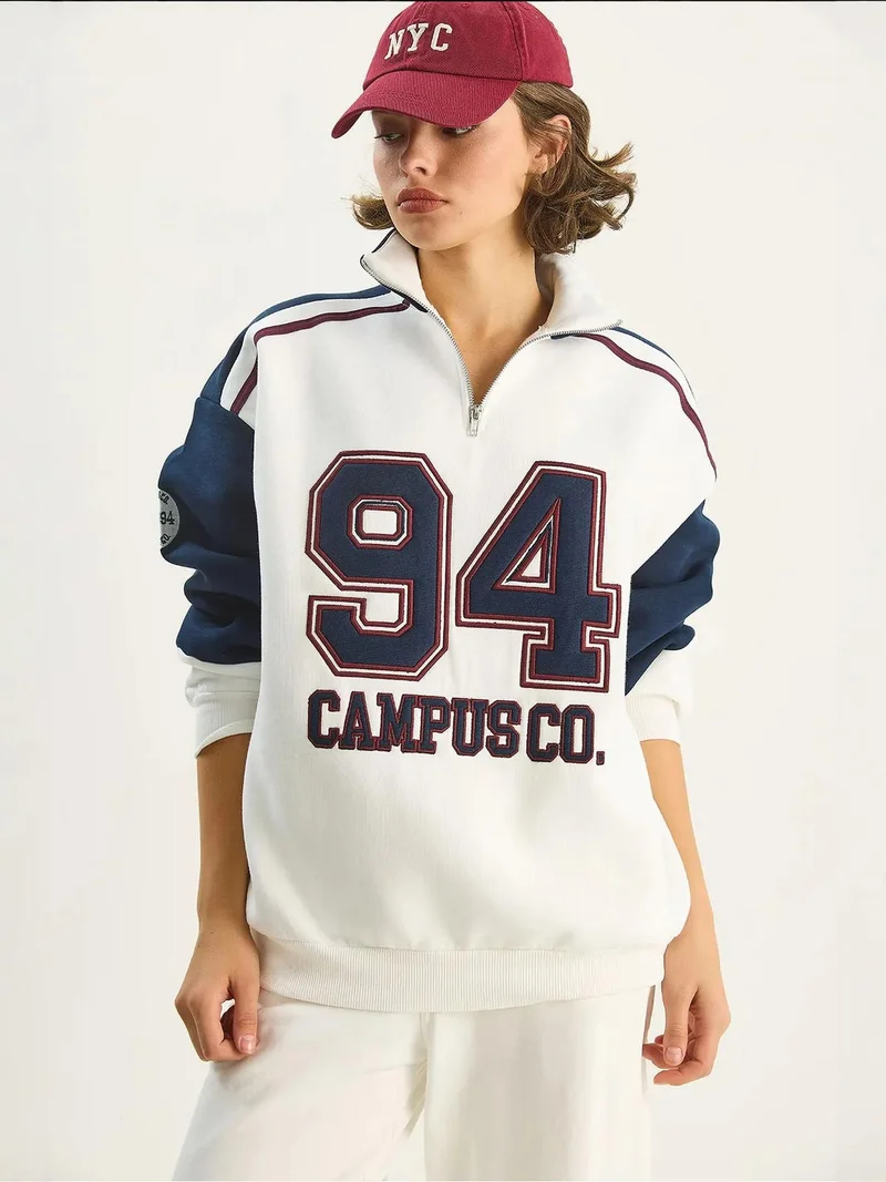 Bianco Lucci Ivory Natural LUCCI Embroidered Crew Neck Zip-Up Sweatshirt for Women | Best Price UAE