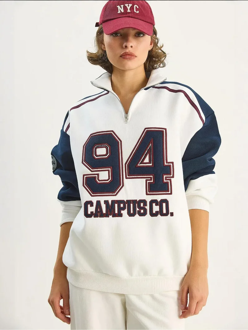 Bianco Lucci Ivory Natural LUCCI Embroidered Crew Neck Zip-Up Sweatshirt for Women | Best Price UAE