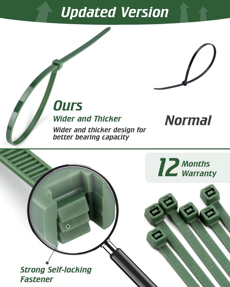 Idemeet PA66 Green Zip Ties, 200pcs 12+10+8+4 Inch with 22-55lb Strength, Premium Heavy Duty Self-locking Nylon Cable Ties, Decoration Tie Wraps for Christmas Tree Holiday Lights Gardening Plants Grid Wall - Image 3