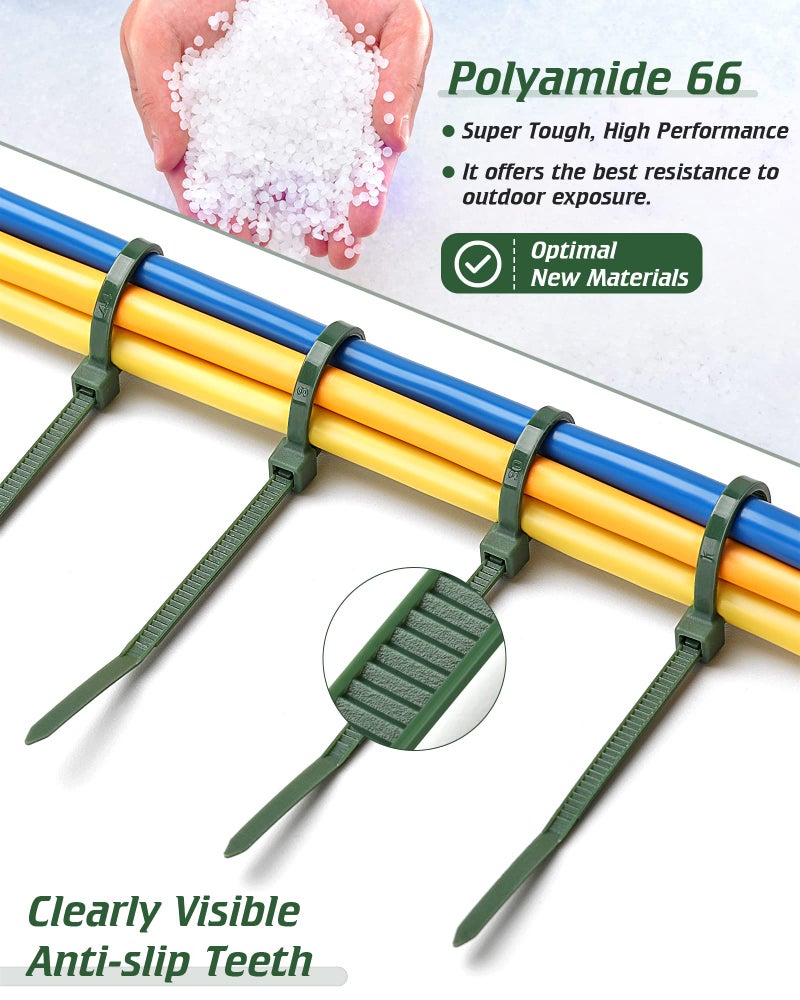 Idemeet PA66 Green Zip Ties, 200pcs 12+10+8+4 Inch with 22-55lb Strength, Premium Heavy Duty Self-locking Nylon Cable Ties, Decoration Tie Wraps for Christmas Tree Holiday Lights Gardening Plants Grid Wall - Image 2