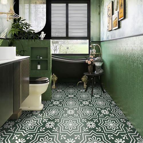 MORCART 20 Pack Peel and Stick Floor Tile, 7.87"x 7.87" Vinyl Flooring, Removable DIY Flooring for Bathroom, Kitchen, Fireplace, Stairs, Bedrooms, Wall, Pantry Room Waterproof Dark Green - Image 1