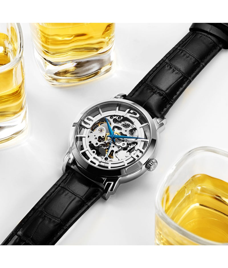 Stuhrling Original Skeleton Watches - Mens Automatic Dress Watch - Winchester 44 Elite Mechanical Watch (Silver/Black) - Image 3