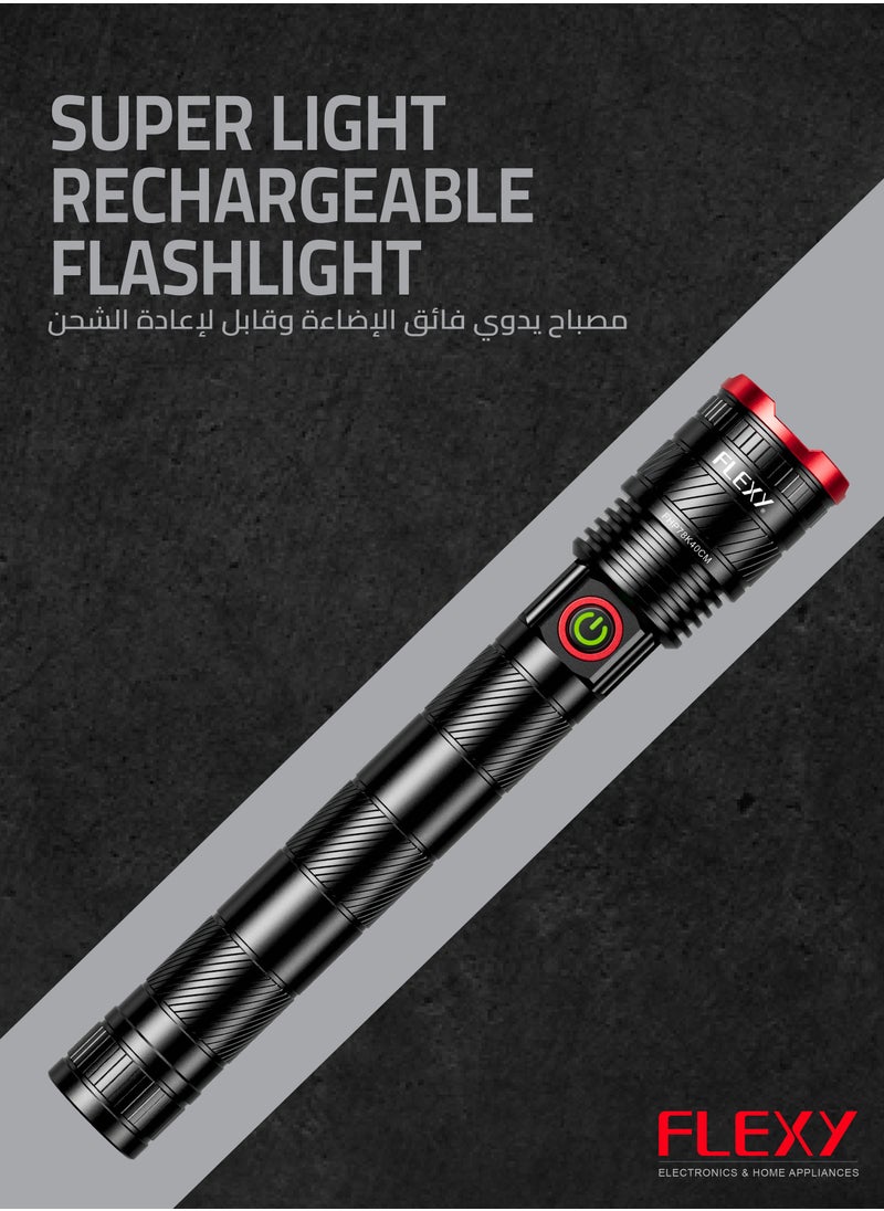 فليكسي مصباح يدوي FLEXY Super Light قابل لإعادة الشحن: إشعاع 700 متر، إضاءة تكبير، سبيكة ألومنيوم فضائية، عدسة بولي كربونات غير قابلة للكسر، لمسة نهائية مؤكسدة، كفالة  عامين. فائق السطوع ومتين.  - Image 2