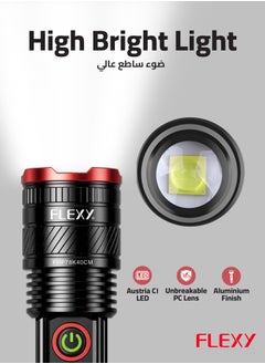 فليكسي مصباح يدوي FLEXY Super Light قابل لإعادة الشحن: إشعاع 700 متر، إضاءة تكبير، سبيكة ألومنيوم فضائية، عدسة بولي كربونات غير قابلة للكسر، لمسة نهائية مؤكسدة، كفالة  عامين. فائق السطوع ومتين.  - Image 3