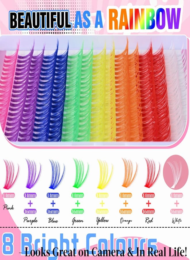 Yaiseiko Colored Lash Clusters 300Pcs Individual Lashes D Curl 14mm/16mm Mixed 8 Colors Rainbow DIY Eyelash Extension Colorful Cluster Lashes with White Eyelash Clusters Pack - Image 2