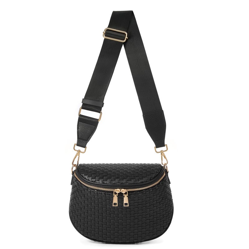 kuifang Woven Vegan leather Crossbody Bags For Women, Checkered Fashion PU Bum Bag Waist Pack, Travel Sling Purse with Adjustable Strapï¼ˆDark Black) - Image 1
