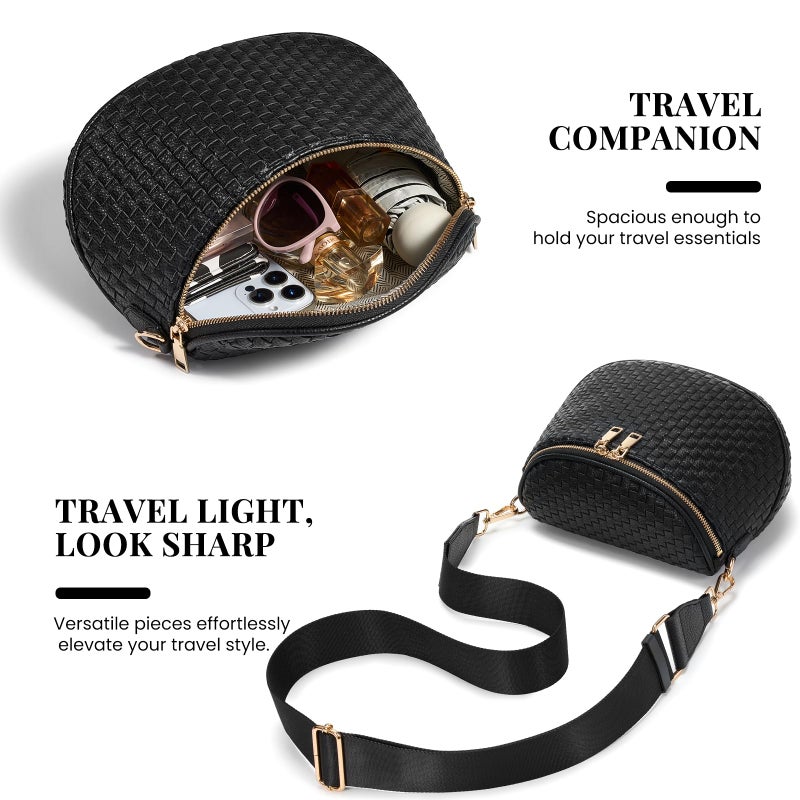 kuifang Woven Vegan leather Crossbody Bags For Women, Checkered Fashion PU Bum Bag Waist Pack, Travel Sling Purse with Adjustable Strapï¼ˆDark Black) - Image 4