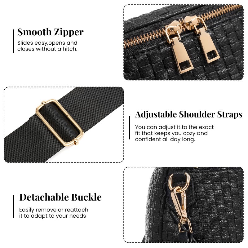 kuifang Woven Vegan leather Crossbody Bags For Women, Checkered Fashion PU Bum Bag Waist Pack, Travel Sling Purse with Adjustable Strapï¼ˆDark Black) - Image 5