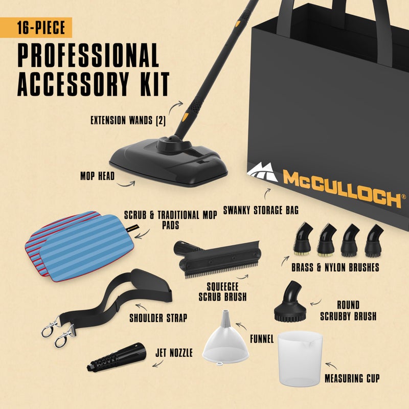 McCulloch MC1270 Portable Power Steam Cleaner, 30 Minute Runtime, 16 Accessories: Mop Head, Brushes, & More - Built for Home, Tile, Grout, Carpet, Furniture, & Personal Car Detailing - Image 3