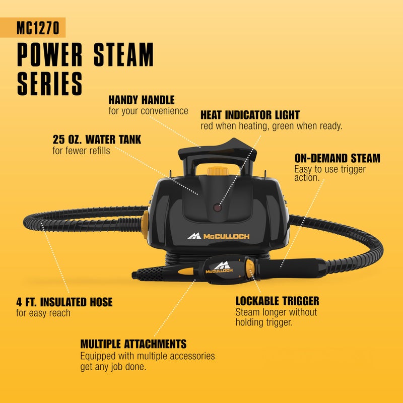 McCulloch MC1270 Portable Power Steam Cleaner, 30 Minute Runtime, 16 Accessories: Mop Head, Brushes, & More - Built for Home, Tile, Grout, Carpet, Furniture, & Personal Car Detailing - Image 4