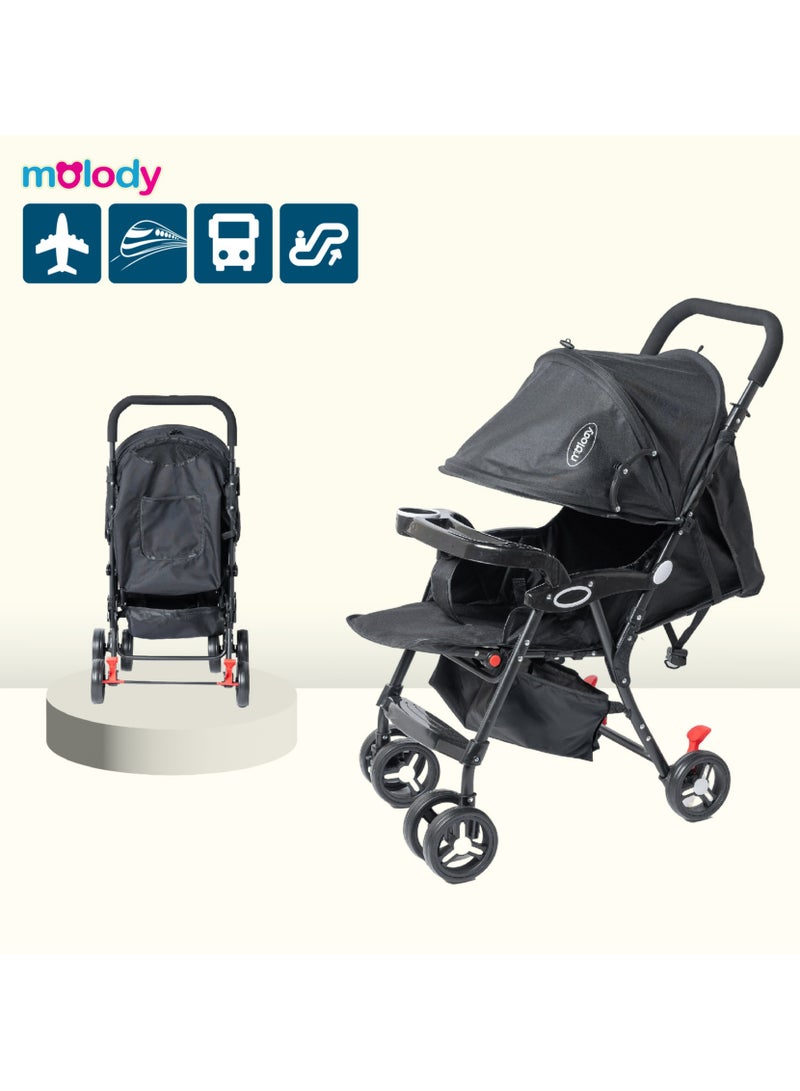 molody Lightweight Foldable Baby Stroller with Adjustable Reclining Seat and Canopy – 2-in-1 Compact Travel System for Newborns and Toddlers (0-3 Years), All-Terrain with Large Storage Basket and Safety Harness- Black - Image 1