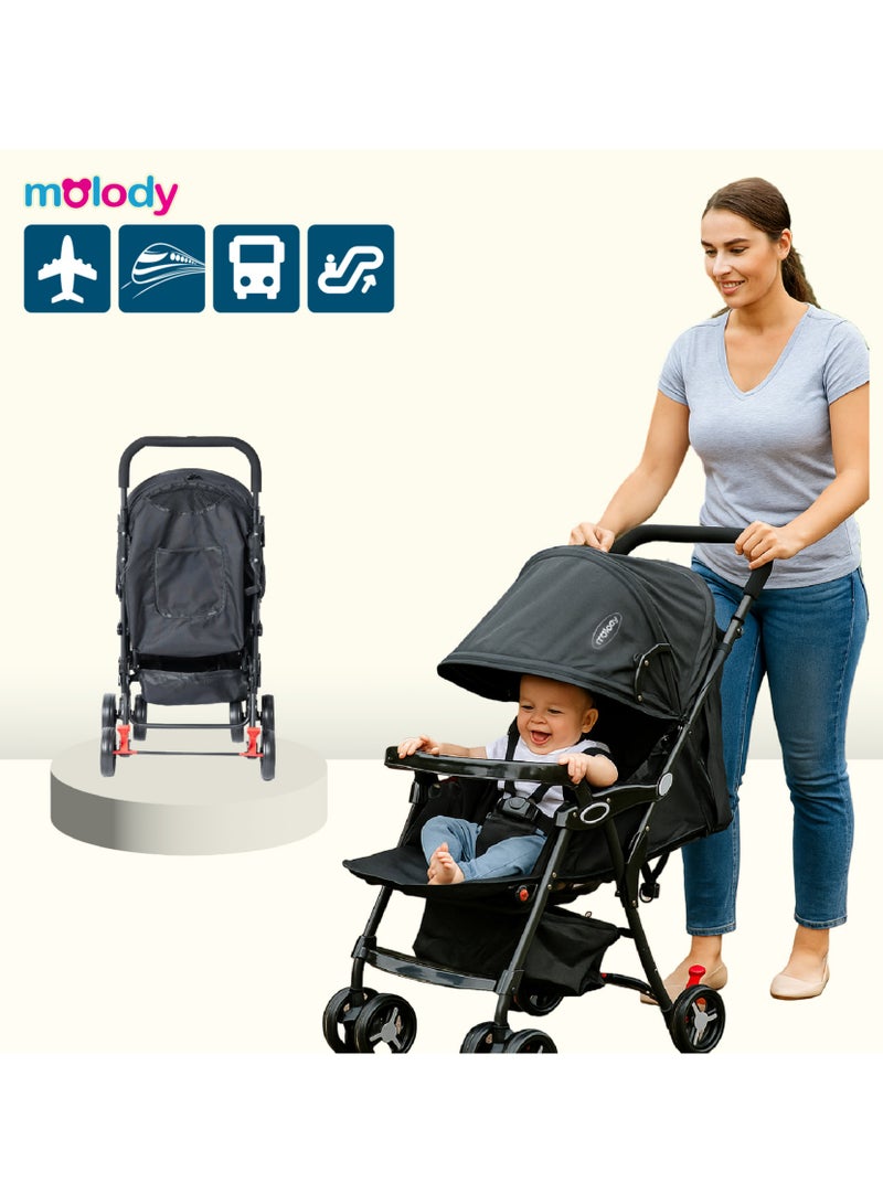 molody Lightweight Foldable Baby Stroller with Adjustable Reclining Seat and Canopy – 2-in-1 Compact Travel System for Newborns and Toddlers (0-3 Years), All-Terrain with Large Storage Basket and Safety Harness- Black - Image 2