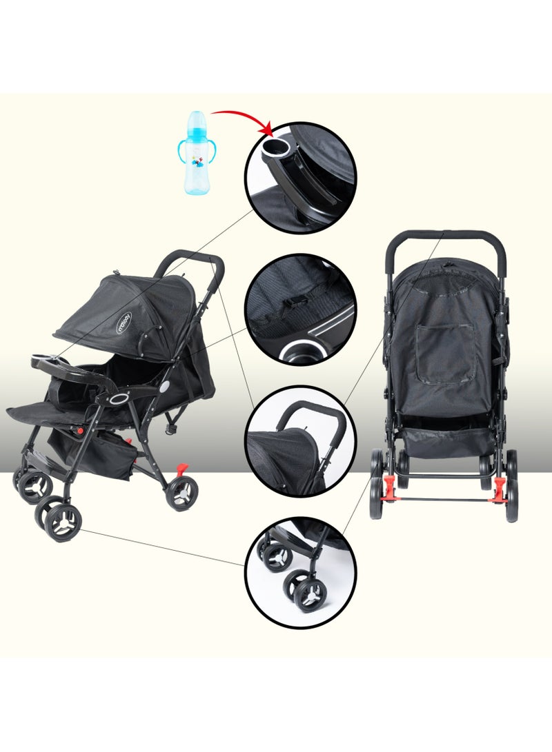 molody Lightweight Foldable Baby Stroller with Adjustable Reclining Seat and Canopy – 2-in-1 Compact Travel System for Newborns and Toddlers (0-3 Years), All-Terrain with Large Storage Basket and Safety Harness- Black - Image 3